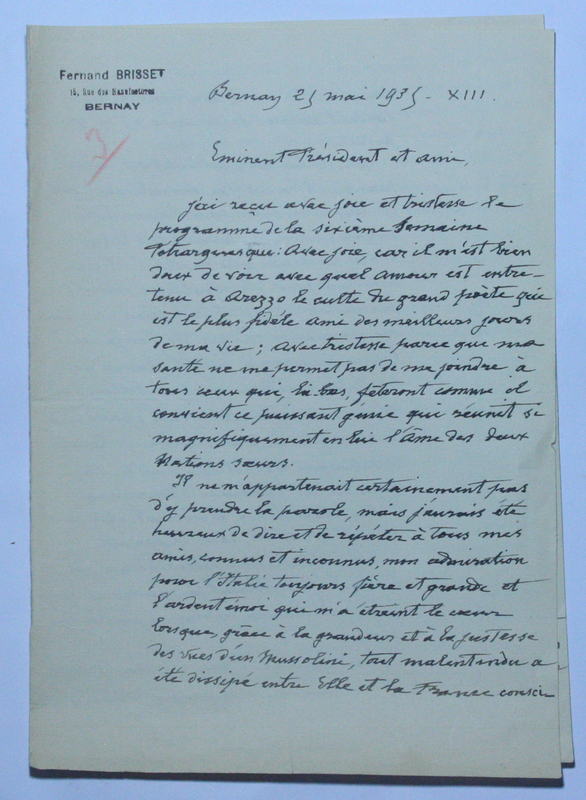 Lettera di Fernand Brisset a Pier Ludovico Occhini (25 maggio 1935) 