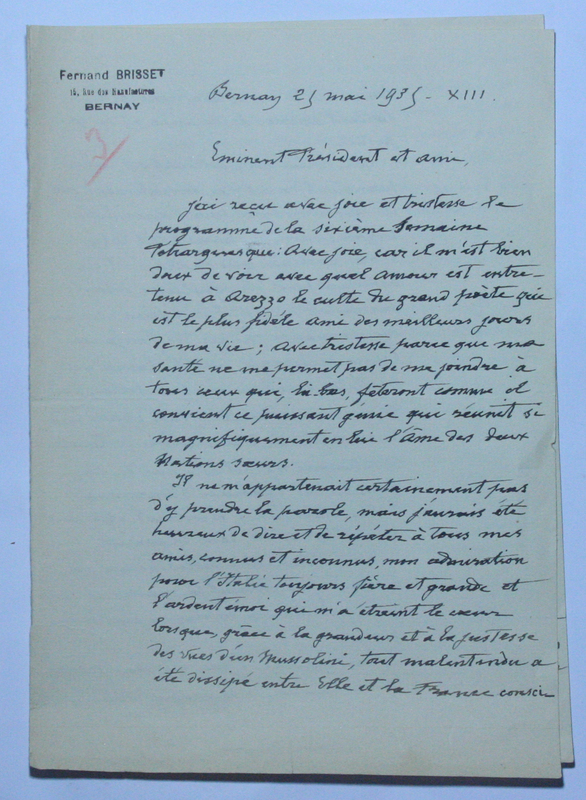 Lettera di Fernand Brisset a Pier Ludovico Occhini (25 maggio 1935) 