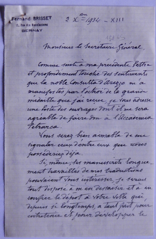 Lettera di Fernand Brisset a Corrado Lazzeri (2 dicembre 1934)